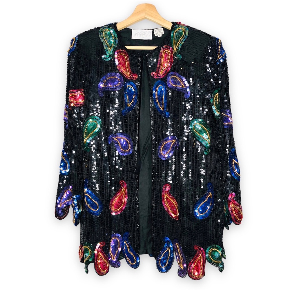 Vintage 80s LORD & TAILOR Paisley Pure 100% Silk Beaded Sequined Jacket Glam